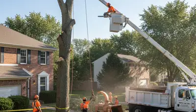 Professional arborists performing safe tree removal with bucket truck and chainsaws in Omaha, NE