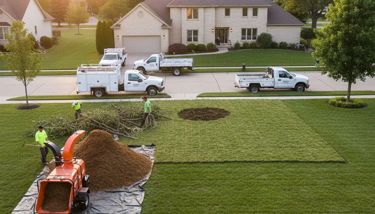 Completed tree removal and yard restoration by professional crew in Omaha, NE with clean lawn and mulch piles