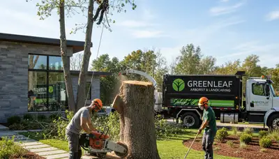 Professional landscaping and tree removal service crew working in Omaha, NE yard