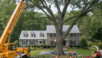 Arborists removing large tree in Bennington, Omaha NE using bucket truck and rigging for safe tree removal
