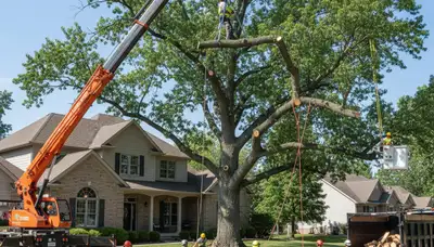Large tree removal by professional arborists in La Vista, Omaha NE using bucket trucks and rigging systems