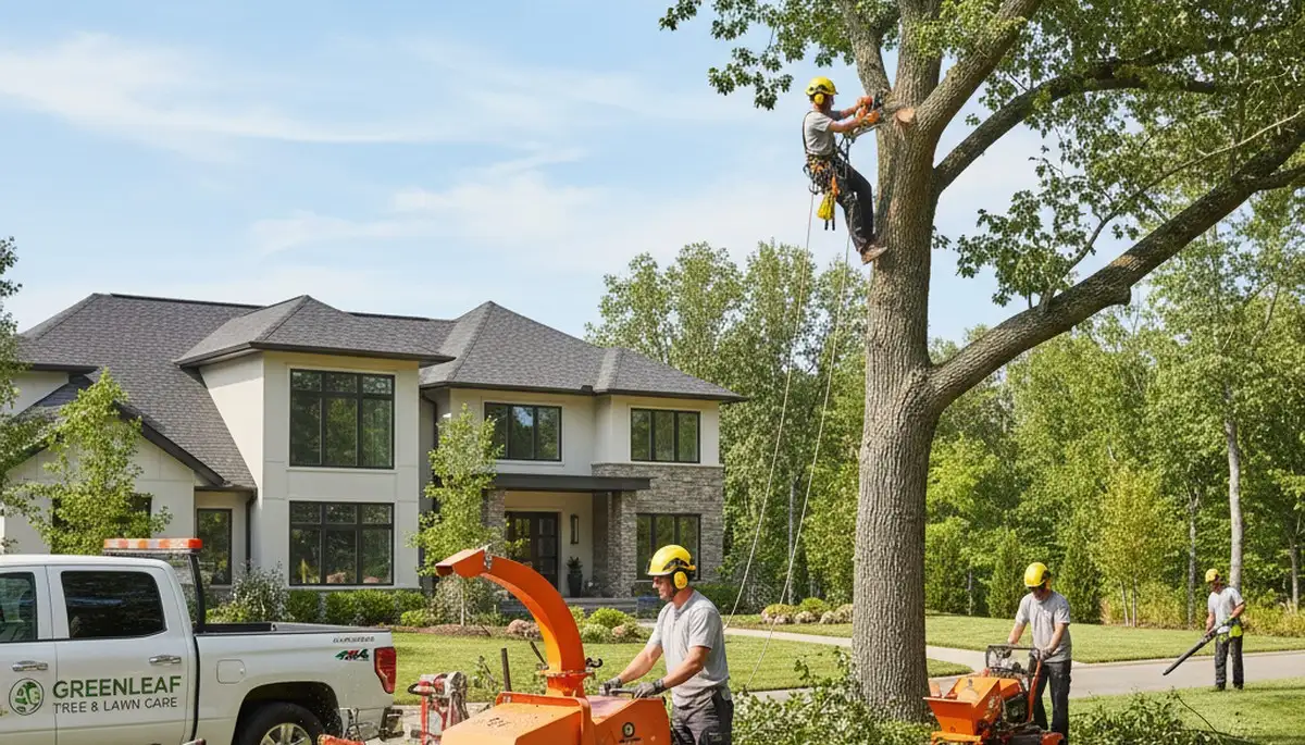 Professional lawn and tree service crew working in Omaha, NE yard by Chop Chop Tree