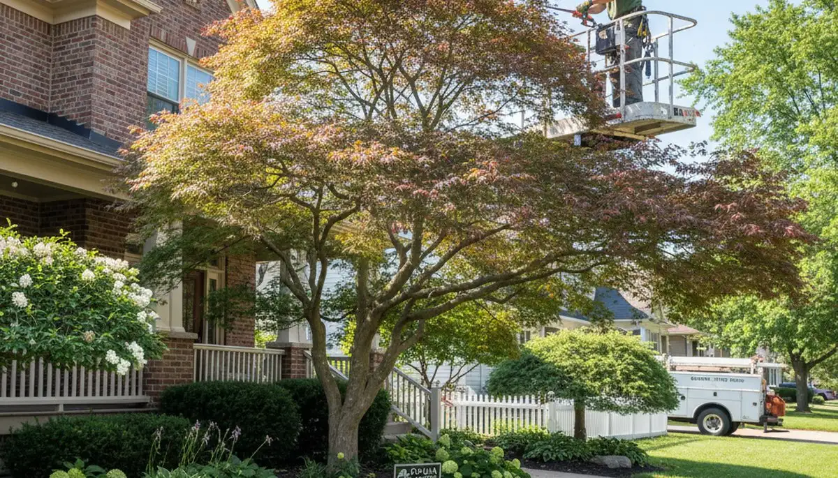 Arborist hand pruning Japanese maple for ornamental tree care in Omaha, NE residential landscape