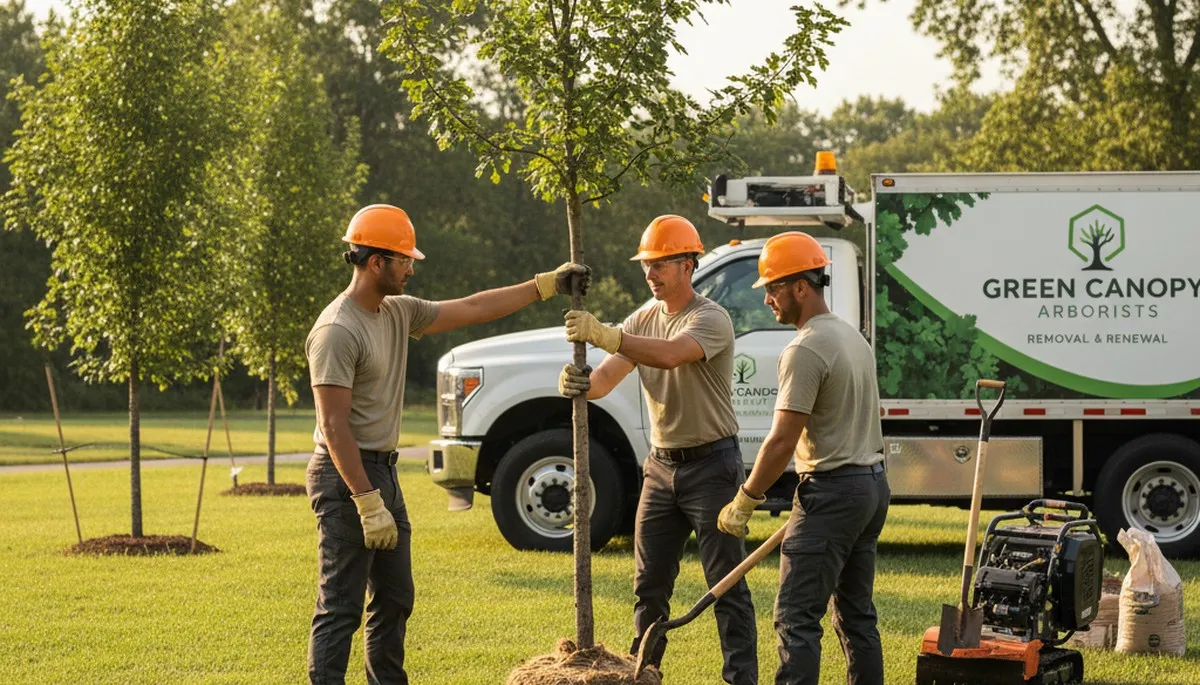 Arborist planting young tree in Omaha, NE yard for Chop Chop Tree’s professional tree planting service