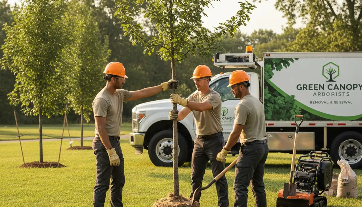 Arborist planting young tree in Omaha, NE yard for Chop Chop Tree’s professional tree planting service