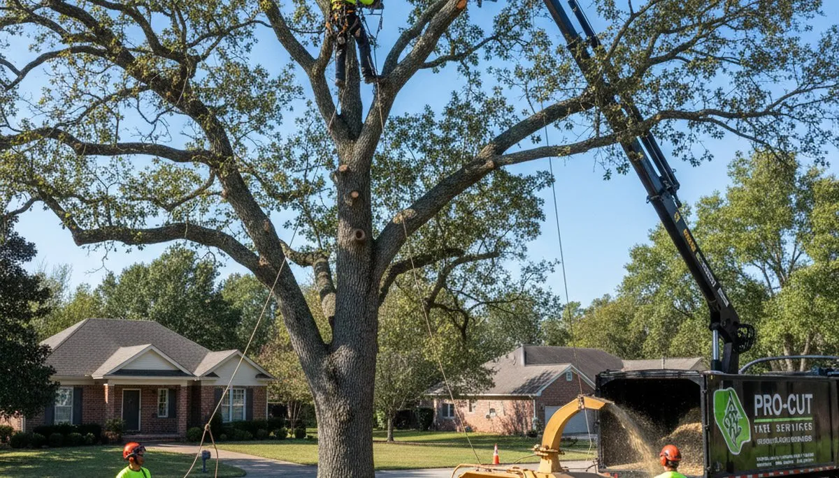 Professional tree removal service in Omaha, NE safely cutting down a large storm-damaged tree