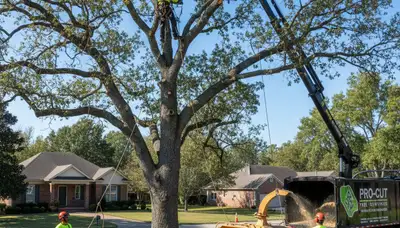 Professional tree removal service in Omaha, NE safely cutting down a large storm-damaged tree