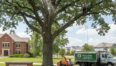 Professional tree removal service in Omaha, NE safely cutting large oak branches