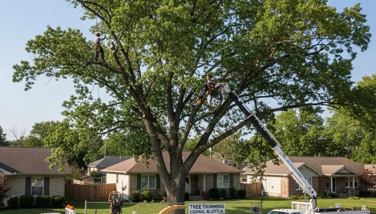 Professional tree removal service in Omaha NE safely cutting large oak tree branches
