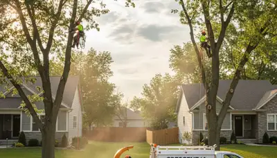 Professional tree removal service in Omaha NE safely cutting and clearing large oak trees