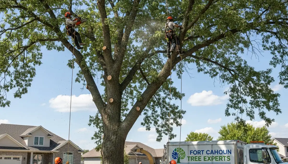 Professional tree removal service in Omaha NE safely cutting and clearing large residential trees
