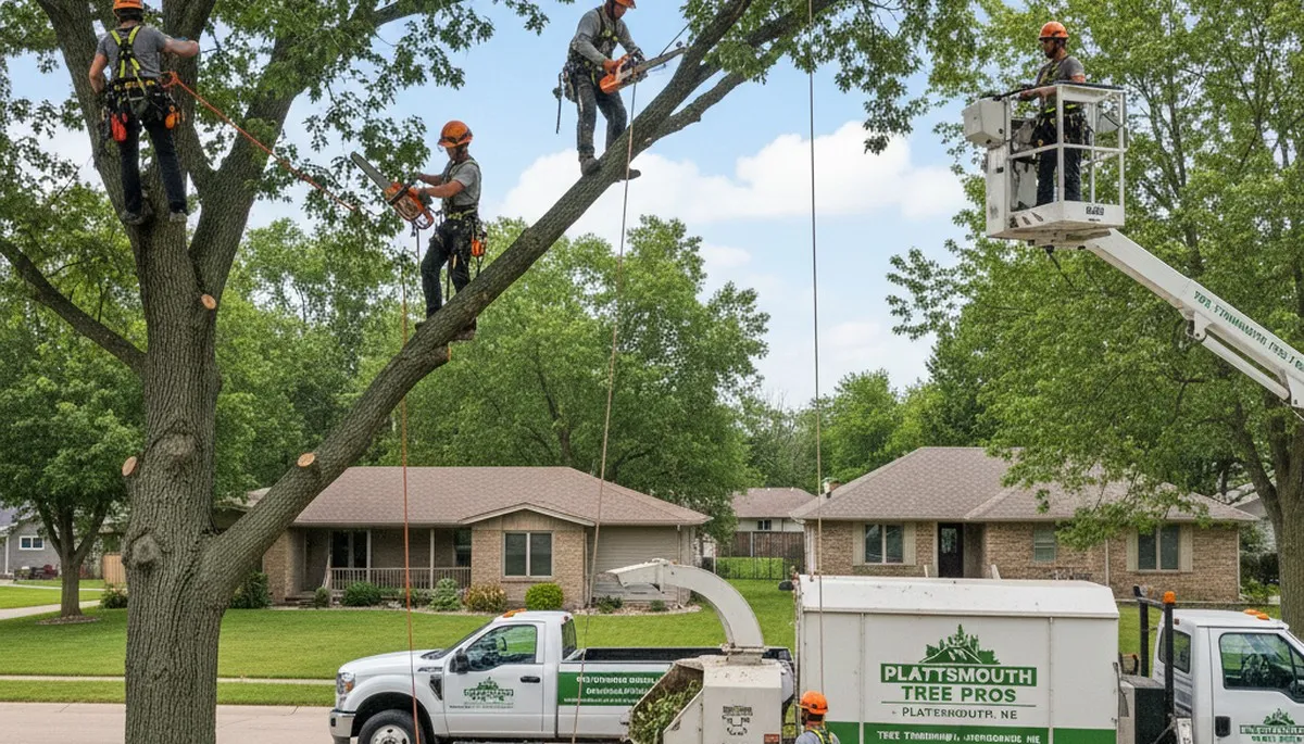 Professional tree removal service in Omaha NE safely clearing large oak tree branches