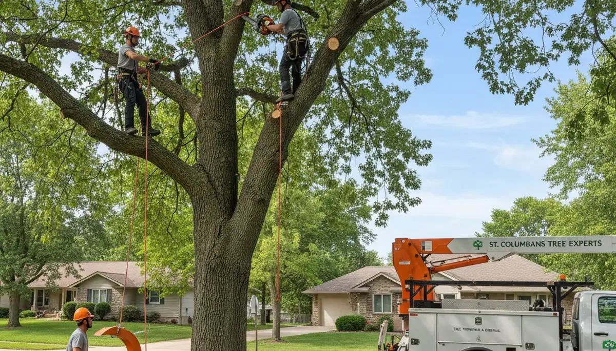 Professional tree removal service in Omaha, NE safely cutting and clearing large backyard oak