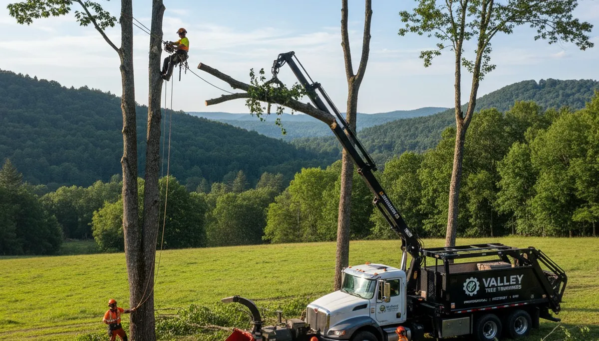 Professional tree removal service in Omaha NE safely clearing large oak tree for residential property